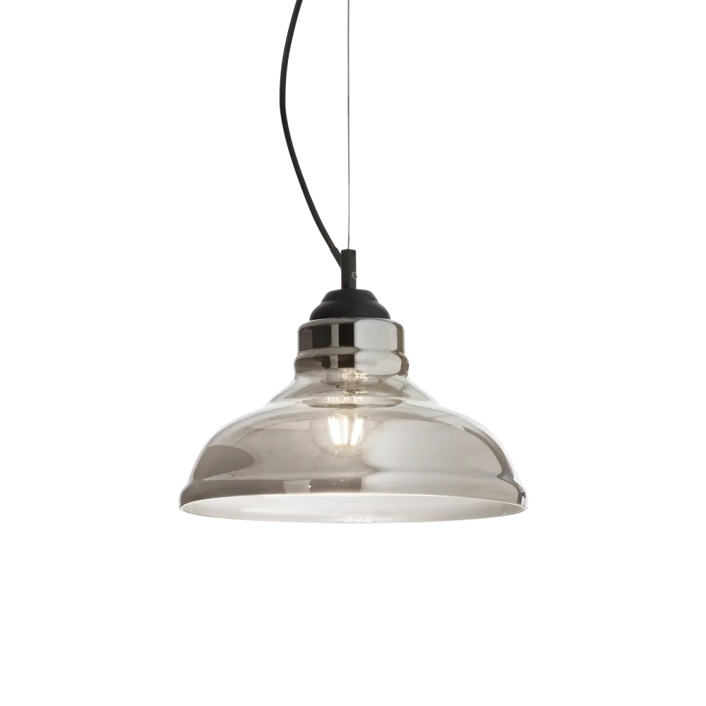 Suspension BISTRO PLATE verre soufflé fumé - luminaire suspendu design avec hauteur ajustable. Monture acier verni noir élégante.