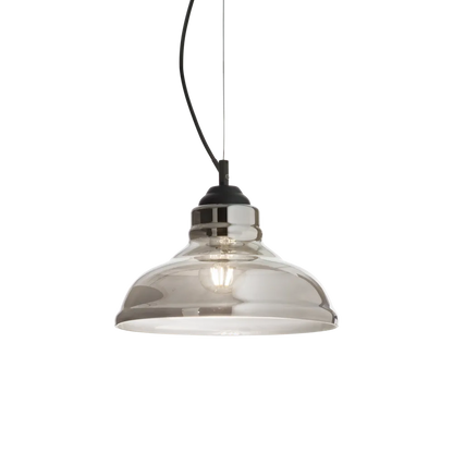 Suspension BISTRO PLATE verre soufflé fumé - luminaire suspendu design avec hauteur ajustable. Monture acier verni noir élégante.
