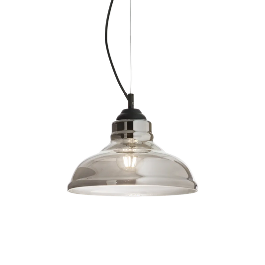 Suspension BISTRO PLATE verre soufflé fumé - luminaire suspendu design avec hauteur ajustable. Monture acier verni noir élégante.