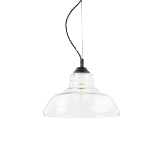 Suspension BISTRO PLATE verre soufflé transparent - Luminaire suspendu élégant avec hauteur ajustable. Monture acier noir garantie 5 ans.