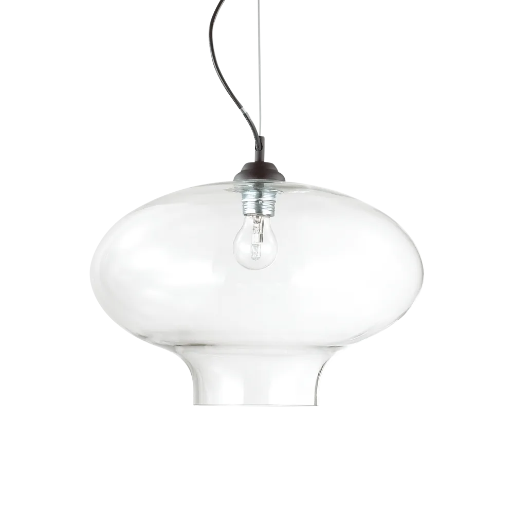 Suspension BISTRO ROUND verre soufflé transparent - Éclairez avec élégance grâce à sa monture en acier noir. Luminaire suspendu ajustable. 