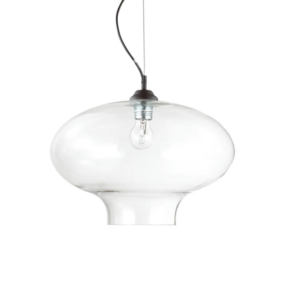 Suspension BISTRO ROUND verre soufflé transparent - Éclairez avec élégance grâce à sa monture en acier noir. Luminaire suspendu ajustable. 