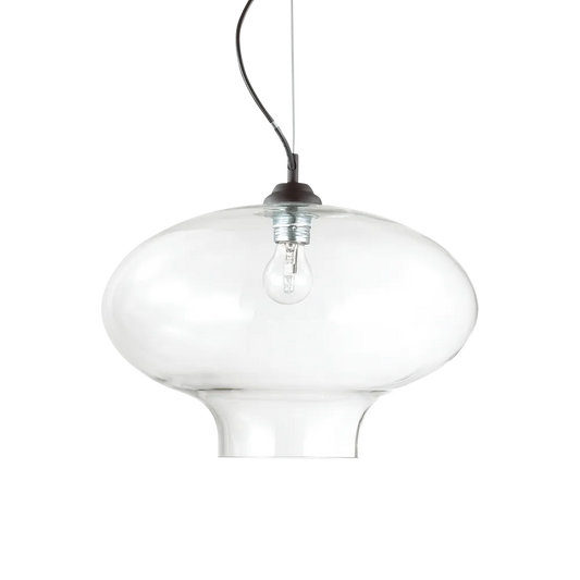 Suspension BISTRO ROUND verre soufflé transparent - Éclairez avec élégance grâce à sa monture en acier noir. Luminaire suspendu ajustable. 