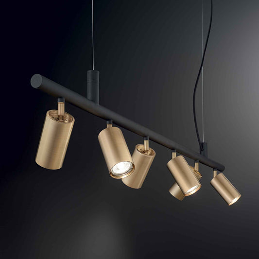 Suspension DYNAMITE SP6 noire et laiton - Hauteur ajustable de 355 à 2105 mm pour un éclairage parfait. 6 diffuseurs orientables pour un confort optimal.
