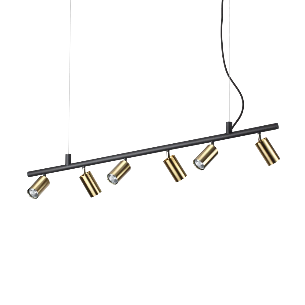 Suspension DYNAMITE SP6 noire et laiton premium fabriquée en métal avec câble en tissu. Profitez d'un éclairage ajustable et moderne.