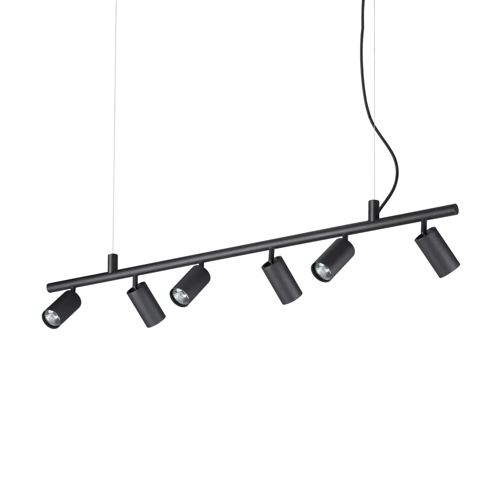 Suspension DYNAMITE SP6 noire - Hauteur ajustable de 355 à 2105 mm pour un éclairage sur mesure. Dotée de 6 diffuseurs orientables.
