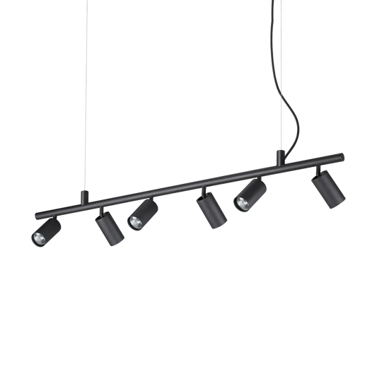 Suspension DYNAMITE SP6 noire - Hauteur ajustable de 355 à 2105 mm pour un éclairage sur mesure. Dotée de 6 diffuseurs orientables.
