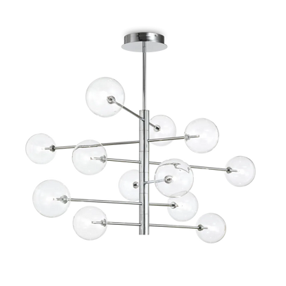 Suspension EQUINOXE 12 verres transparents - Apportez une lumière élégante avec 12 diffuseurs en verre borosilicaté. Finition chrome moderne.