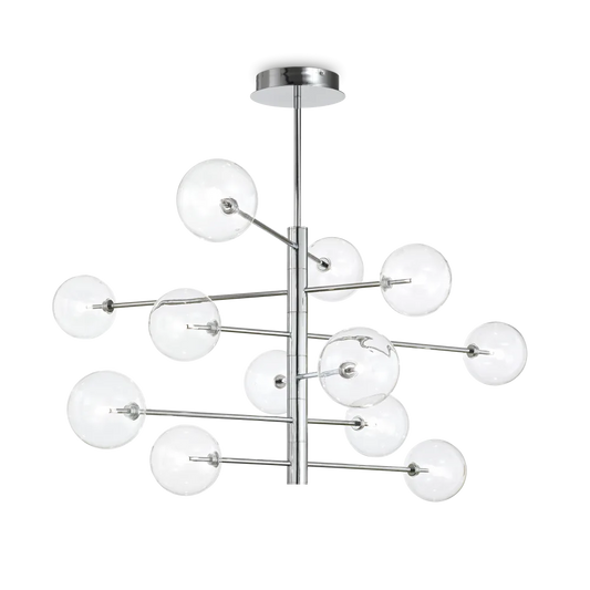 Suspension EQUINOXE 12 verres transparents - Apportez une lumière élégante avec 12 diffuseurs en verre borosilicaté. Finition chrome moderne.