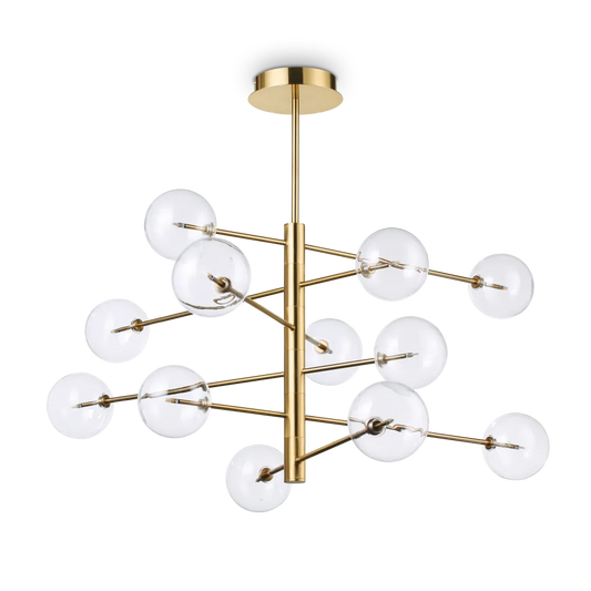 Suspension EQUINOXE laiton 12 verres transparents - Éclairage élégant avec 12 diffuseurs en verre borosilicaté. Finition laiton durable.