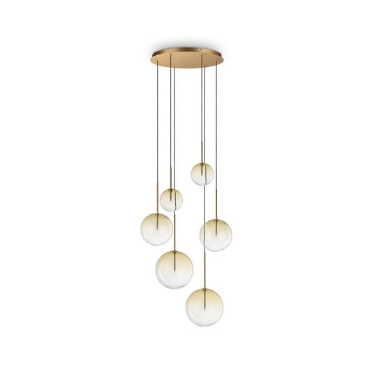 Suspension EQUINOXE 6 verres ambrés - Éclairage ajustable avec structure en métal finition laiton. Design élégant et ampoules LED fournies.