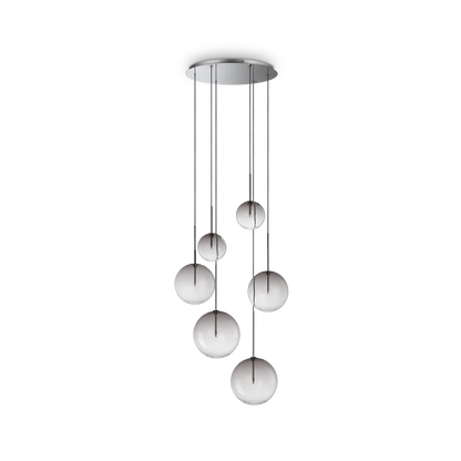 Suspension EQUINOXE 6 verres fumés - Éclairage élégant et ajustable avec structure métal chrome. 6 diffuseurs en verre borosilicaté.