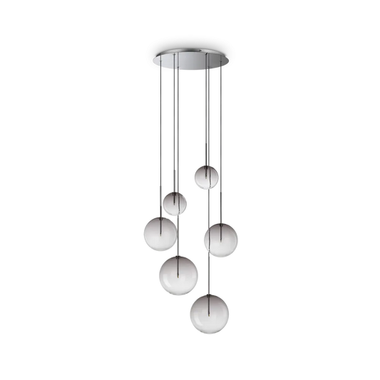 Suspension EQUINOXE 6 verres fumés - Éclairage élégant et ajustable avec structure métal chrome. 6 diffuseurs en verre borosilicaté.