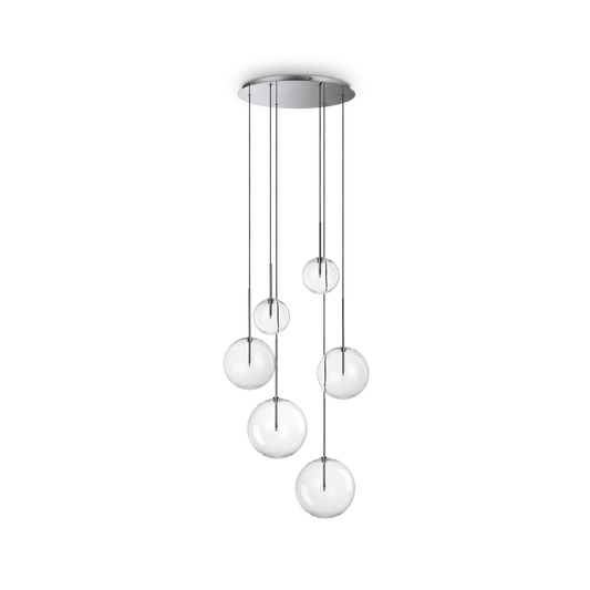 Suspension EQUINOXE 6 verres transparents - Design élégant avec 6 diffuseurs en verre borosilicaté. Hauteur ajustable pour un éclairage parfait.