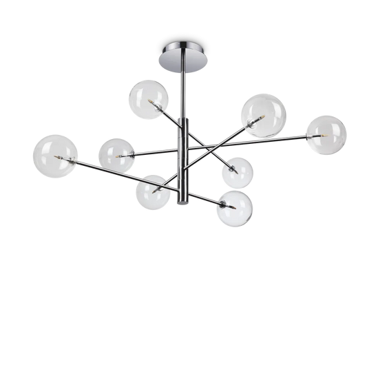 Suspension EQUINOXE 8 verres transparents - Éclairez votre intérieur avec style grâce à sa structure en métal chrome et 8 diffuseurs en verre.