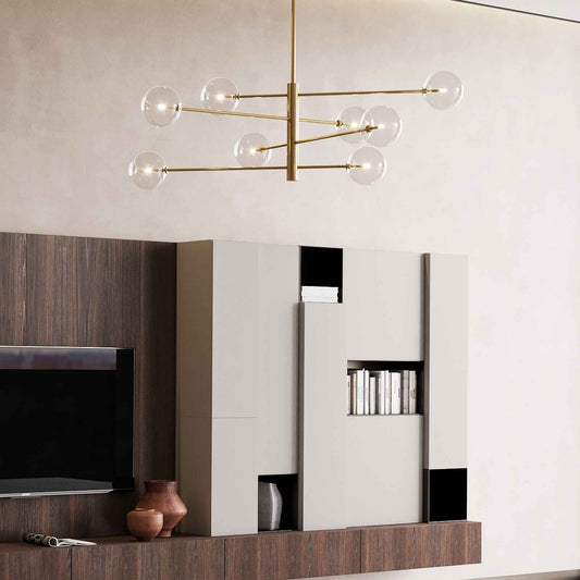 Suspension EQUINOXE laiton 8 verres transparents - Éclairez votre intérieur avec style grâce à sa structure en métal laiton. Design élégant et moderne.
