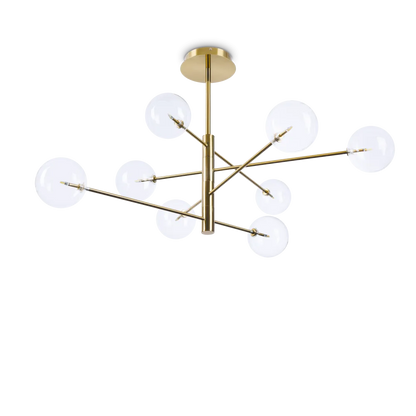Suspension premium EQUINOXE laiton 8 verres transparents faite avec métal finition laiton et verre borosilicaté. Apportez élégance et lumière chez vous.