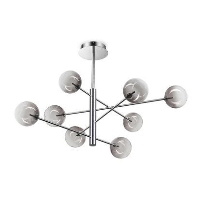 Suspension EQUINOXE 8 verres fumés - Éclairez avec style grâce à ses diffuseurs en verre fumé. Structure en métal chrome robuste.