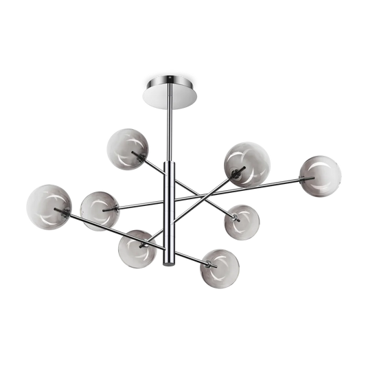 Suspension EQUINOXE 8 verres fumés - Éclairez avec style grâce à ses diffuseurs en verre fumé. Structure en métal chrome robuste.
