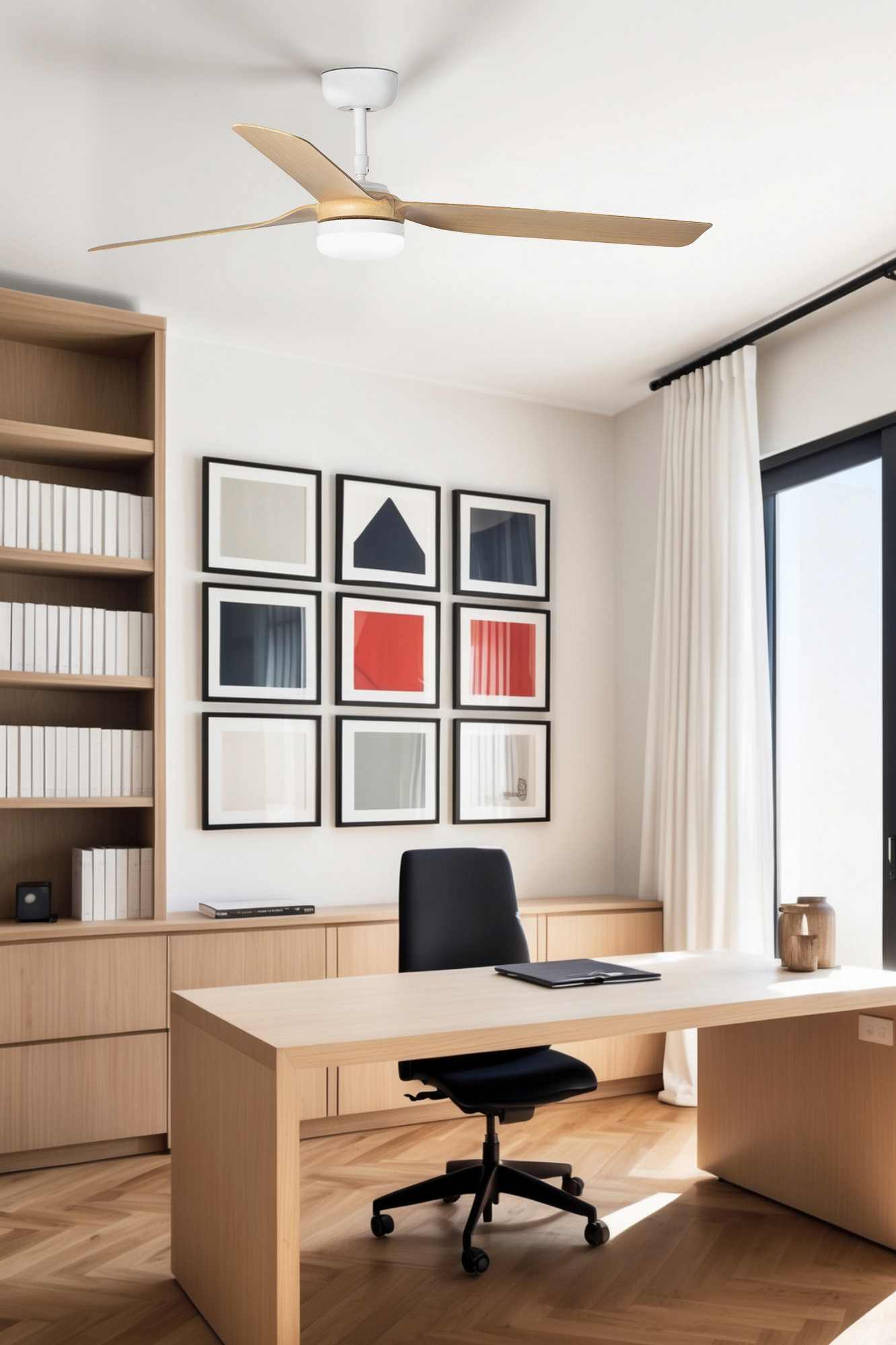 Ventilateur de plafond PUNT blanc pales érable avec luminaire