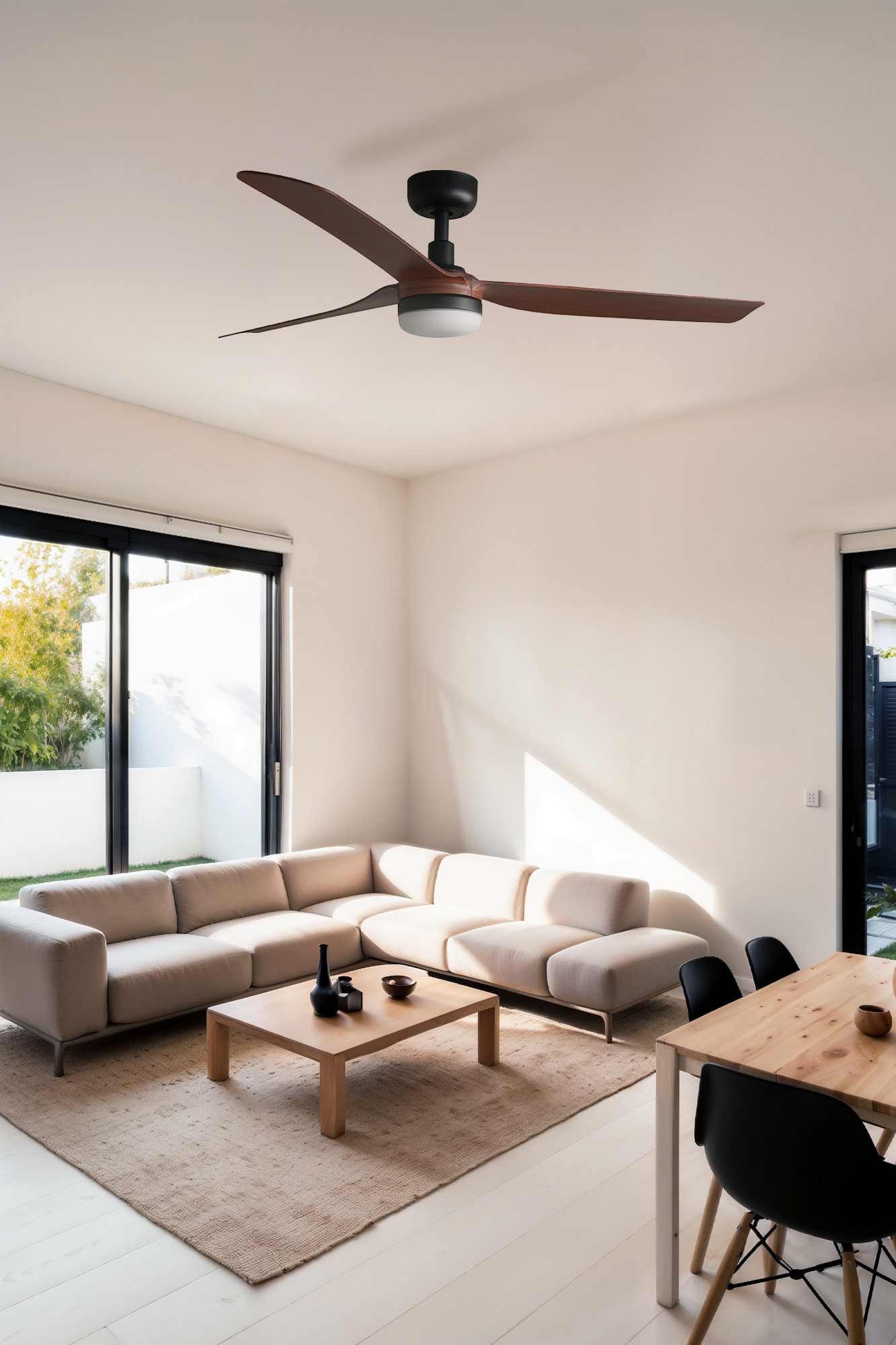 Ventilateur de plafond PUNT noir pales noyer avec luminaire