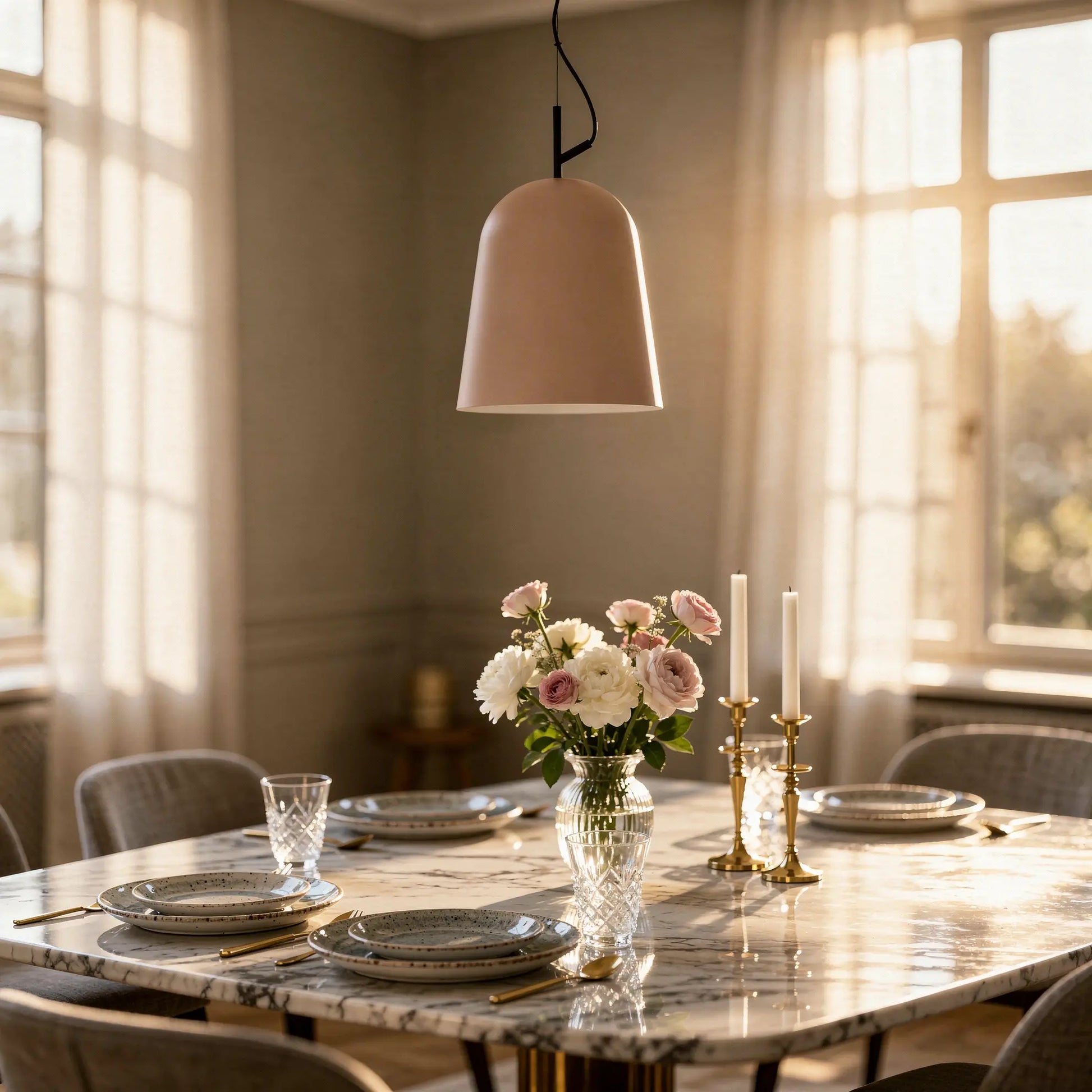 Suspension rose STUDIO 290 en situation au dessus d'une table en marbre
