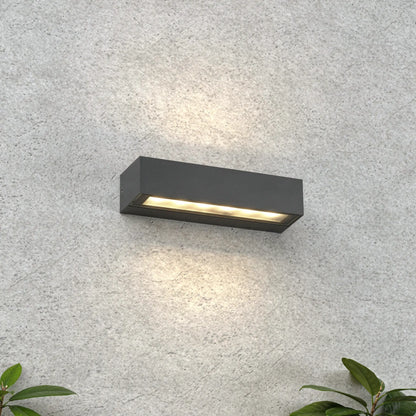 Applique extérieure LED rectangulaire anthracite, murale, lumière chaude, IP65, design moderne.
