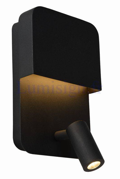Applique liseuse Applique liseuse BOXER noire avec USB Lucide Lumisign