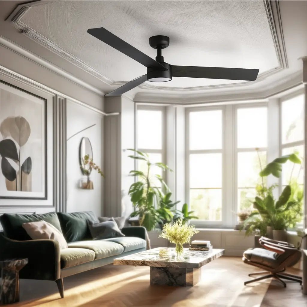 Ventilateur de plafond CRUISER XL noir avec luminaire en situation dans une grande véranda