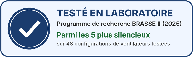 Testé en laboratoire par le programme de recherche BRASSE II : parmi les 5 ventilateurs les plus silencieux