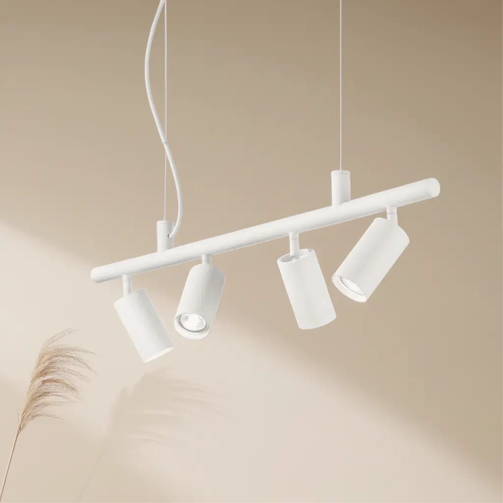 Détail Suspension Dynamite SP4 blanc Idéal Lux : métal design, spots orientables premium