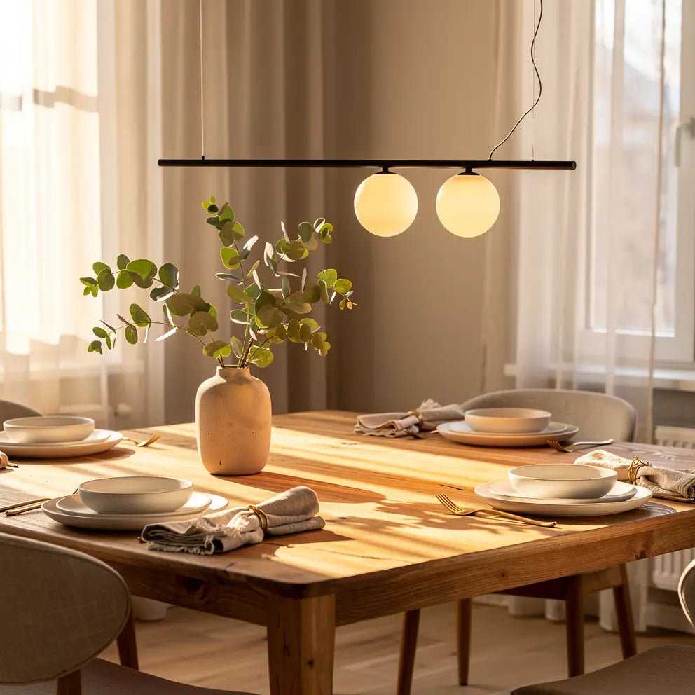 Suspension PERLINE noire à deux lampes rondes au-dessus d’une table en bois