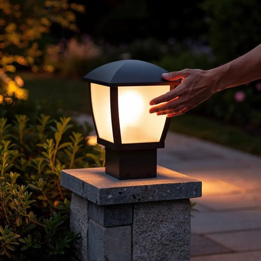 Mini-Wilma borne gris foncé LED E27 - 270 mm en situation sur un muret