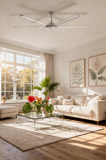 Ventilateur de plafond ROTTERDAM XL blanc Ø 200 cm en situation dans un grand salon 