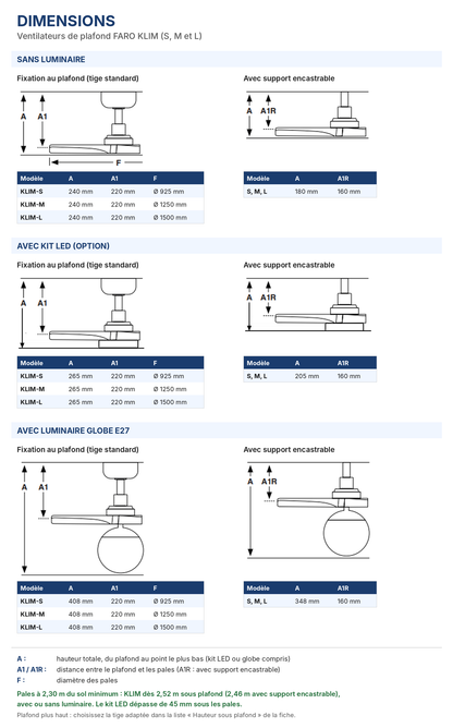 Dimensions des ventilateurs de plafond KLIM S, M et L : hauteur, distance plafond-pales et diamètre, avec ou sans luminaire
