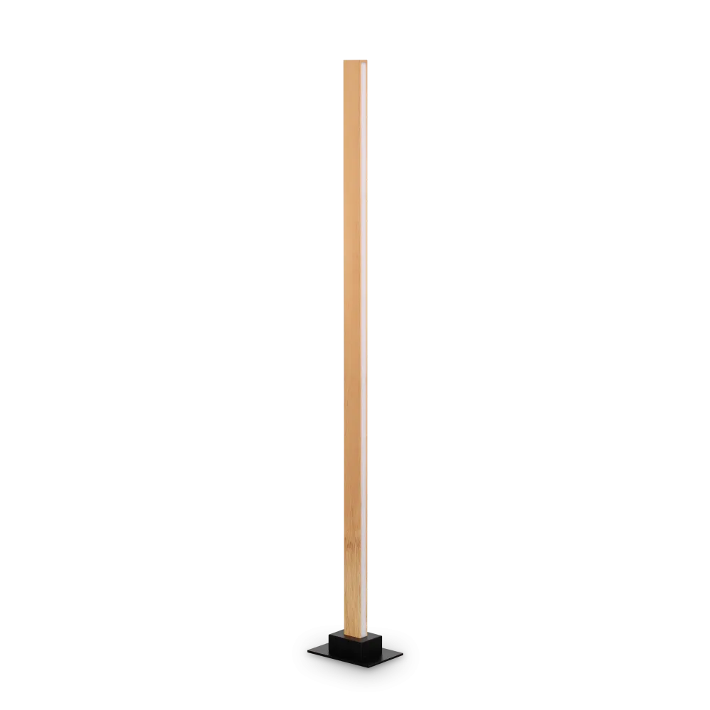 Premium lampadaire CRAFT bois naturel fabriqué avec bois naturel et métal verni noir mat. Offre un éclairage LED variable et design. 