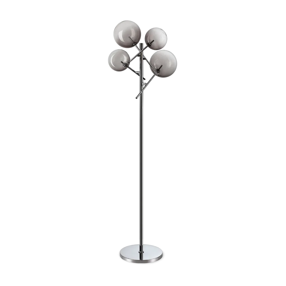 Lampadaire EQUINOXE chrome verres fumés - Éclairez avec style grâce à son design en métal chrome et diffuseurs en verre fumé. Ampoules LED fournies.