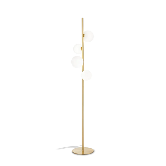 Lampadaire PERLAGE PT4 laiton diffuseurs blanc - Apportez une lumière douce et élégante avec ses 4 sphères en verre blanc. Design métallique durable.