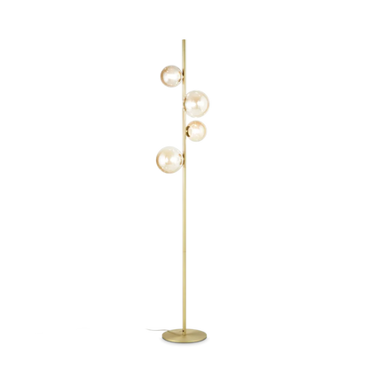Lampadaire en métal finition laiton avec traitement époxy. 4 sphères en verre soufflé ambré.