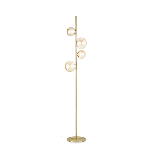 Lampadaire en métal finition laiton avec traitement époxy. 4 sphères en verre soufflé ambré.