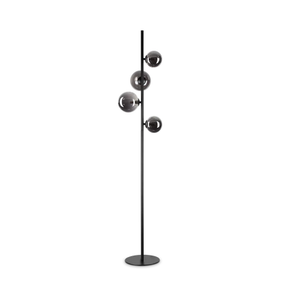 Lampadaire en métal finition noire avec traitement époxy. 4 sphères en pyrex fumé.-
