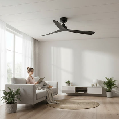 Lumisign ROCKER M, ventilateur de plafond noir mat avec 3 pales incurvées, moteur DC silencieux, 1320 mm de diamètre.