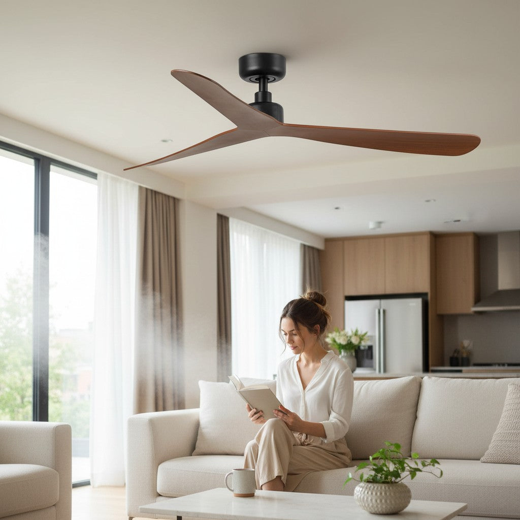 Lumisign ventilateur de plafond ROCKER noir avec 3 pales en finition noyer, design moderne, moteur DC silencieux.