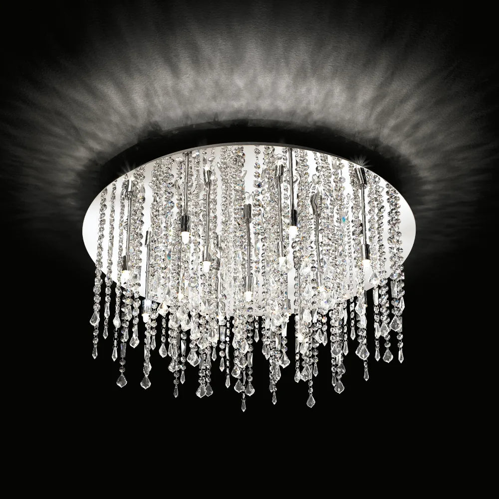 Plafonnier ROYAL PL12 chrome et pampilles de cristal - Éclairez votre intérieur avec style grâce à ses pampilles en cristal poli. Design élégant et moderne.