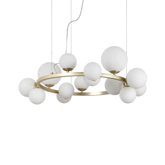 Suspension circulaire PERLAGE SP14 laiton diffuseurs blanc - éclairage élégant avec 14 sphères en verre blanc.