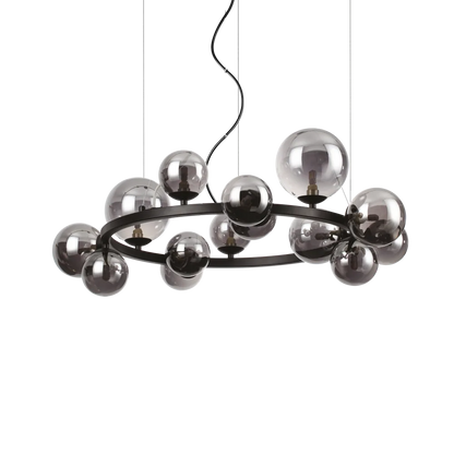 Suspension circulaire PERLAGE SP14 noire diffuseurs fumé - Luminaire suspendu design avec 14 sphères en pyrex fumé pour une lumière diffuse.