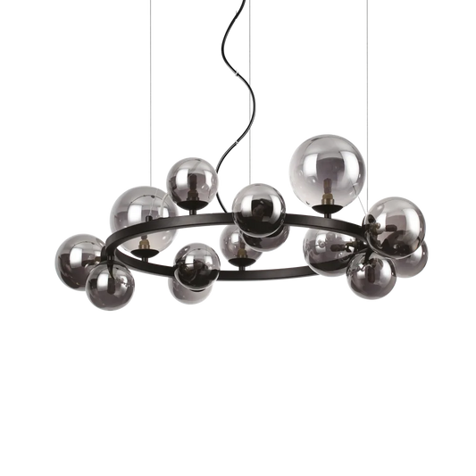 Suspension circulaire PERLAGE SP14 noire diffuseurs fumé - Luminaire suspendu design avec 14 sphères en pyrex fumé pour une lumière diffuse.