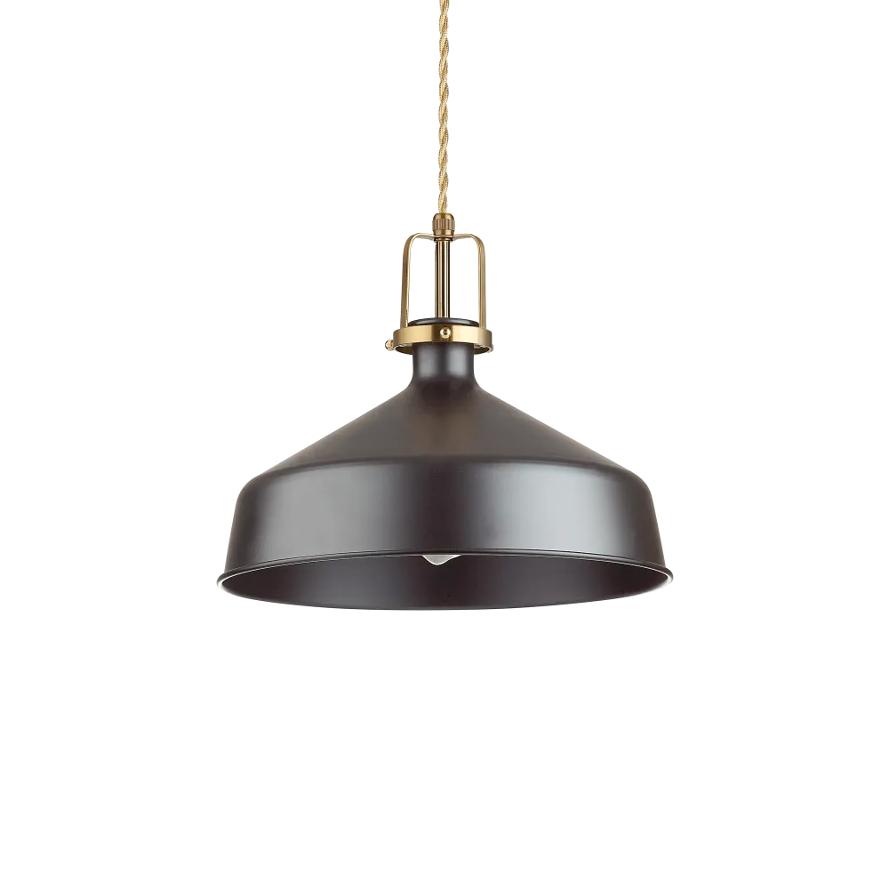 Suspension ERIS-2 blanche ou noire: monture métal avec finition or satiné & câble torsadé en tissu. Hauteur ajustable. Élégante lampe de plafond.