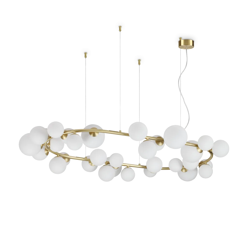 Suspension ovale PERLAGE SP30 laiton diffuseurs blanc - Luminaire suspendu design avec 30 sphères en verre blanc pour une lumière diffuse.