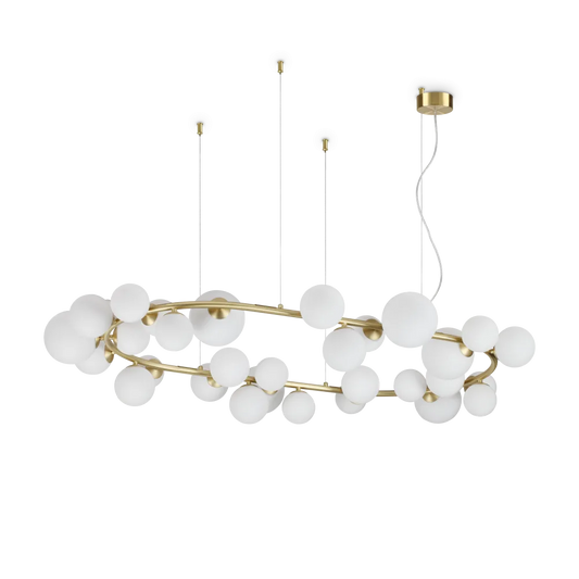 Suspension ovale PERLAGE SP30 laiton diffuseurs blanc - Luminaire suspendu design avec 30 sphères en verre blanc pour une lumière diffuse.